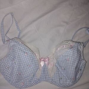 Blue Gingham Lace Trimmed Women's Bra